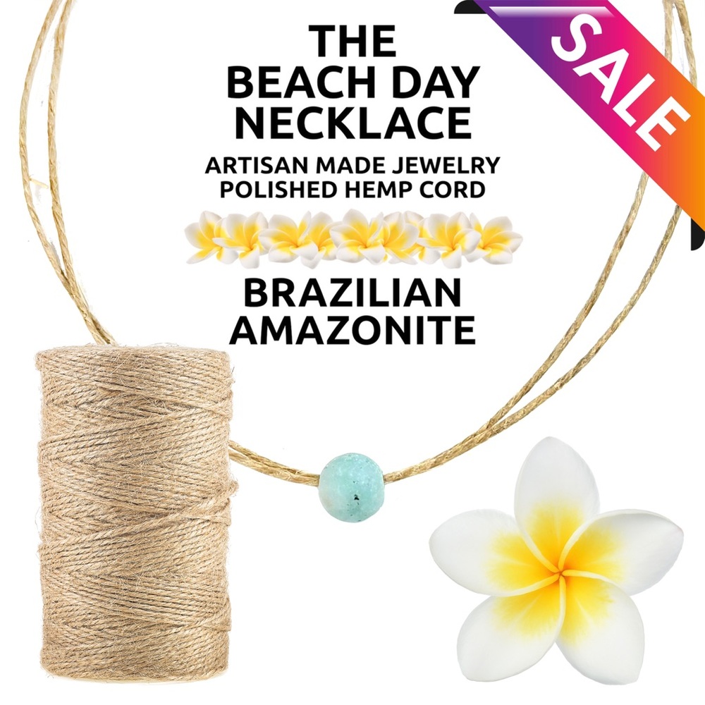 Island Sunset Artisan Beach Day Hemp Necklace Brazilian Matte Amazonite Slider
